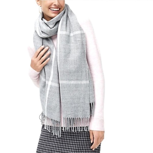 J. Crew Windowpane Plaid Blanket Scarf Gray White - Picture 1 of 6